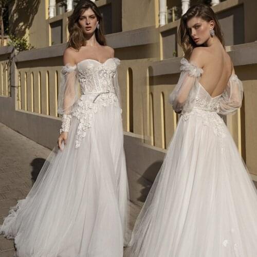 Gorgeous Appliques Long Sleeve A Line Wedding Dresses 2021 Charming Sweetheart Off the Shoulder Princess Wedding Gowns with Sash