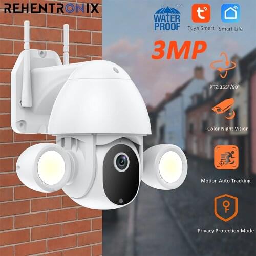 Tuya Floodlight Courtyard Lighting Camera Tuyasmart PTZ 3MP Outdoor WiFi IP Camera IP66 Waterproof Home CCTV Security Cam