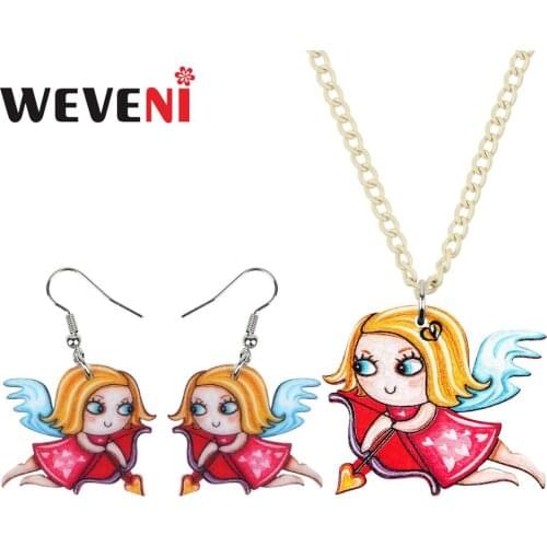 WEVENI Acrylic Cute Valentines Day Cupid arrow Angel Necklace Earrings Jewelry Sets Girls Teens Festival Charms Gift Decoration