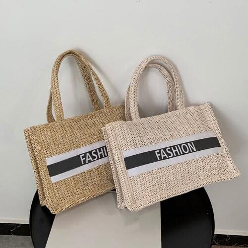 Women Summer Beach Tote Woven Letters Large Shopping Bag Vintage Ladies Handbags Fashionable Simple All-match Handbag for Female
