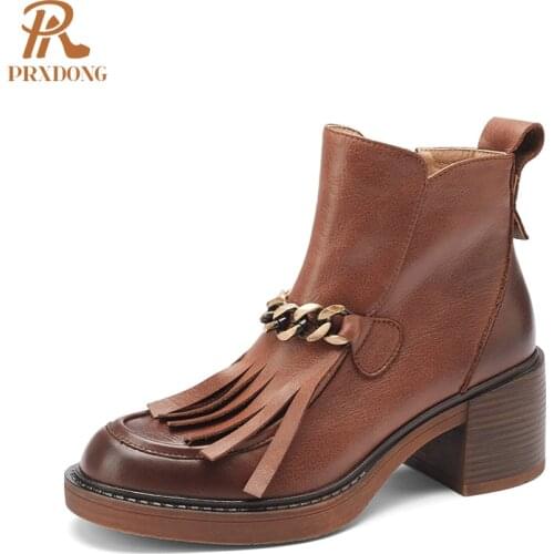 Retro Ankle Boots 2021 Autumn Winter Women Boots with Fringe Zipper Chunky Heeled Platform Female Genuine Leather Brown Black