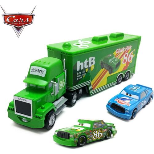 1:55 Disney Cars 2 Chick Hick And HTB DINOCO No. 86 Car Model Hostile Takeover Bank Mack Truck Combination For Children Toys