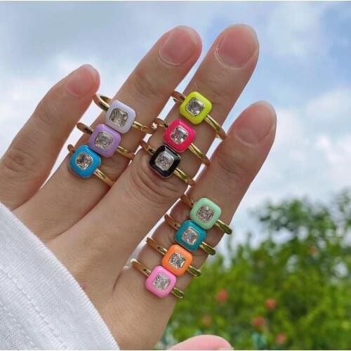 10PCS, New Neon Color Drip Oil Enamel Square Zircon Open Adjustable Copper Rings Party Fashion Jewelry for Women Lady