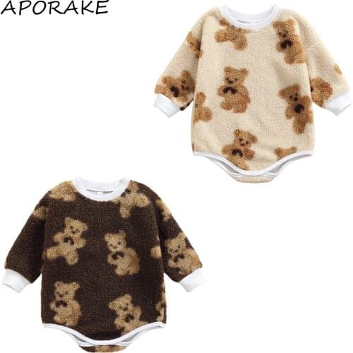 2021 0-24M Infant Baby Boy Girl Romper Winter Fall Fur Cartoon Bears Print Long Seeve O Neck Playsuit Casual Outfit