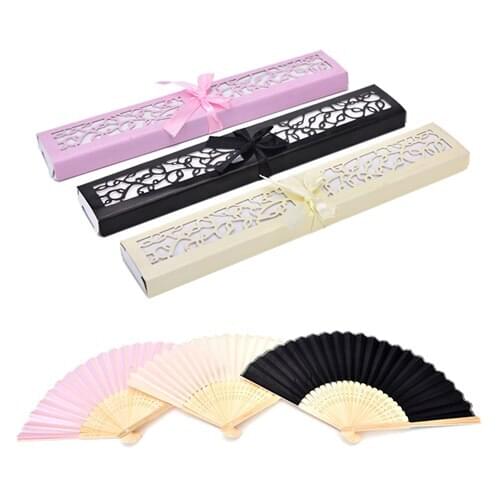 3 Colors Bamboo Silk Fold hand Fan in Elegant Laser-Cut Gift Box Party Favors wedding Gifts