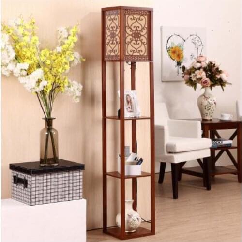 Artpad Chinese Decoration Wooden Floor Lamp With Wood Shelf Fabric EU/US Plug in LED Floor Lights for Living Room Bedroom Decor