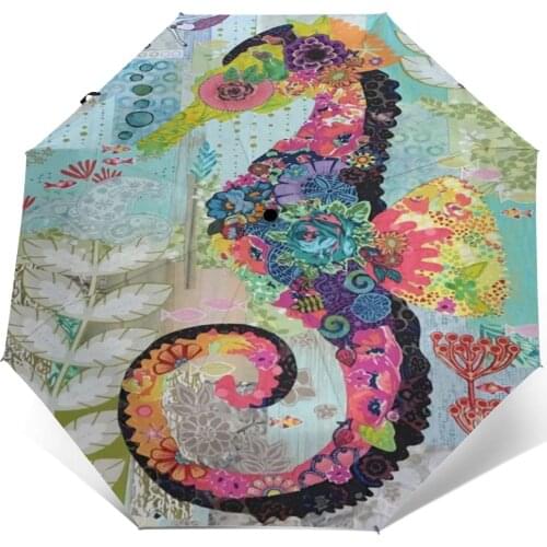 Automatic Umbrella Floral Ocean Sea Horse three-fold umbrella women men rain umbrella