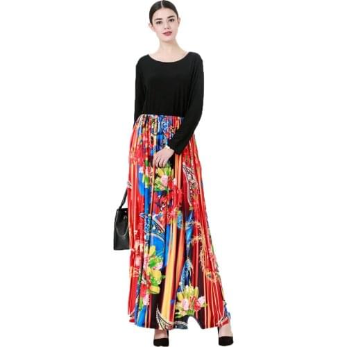 BianFeng Eid Ramadan Kaftan Womens Muslim Hui Abaya Long Sleeve Large Waist Double Pocket Robe Flower Print Colorful Dress