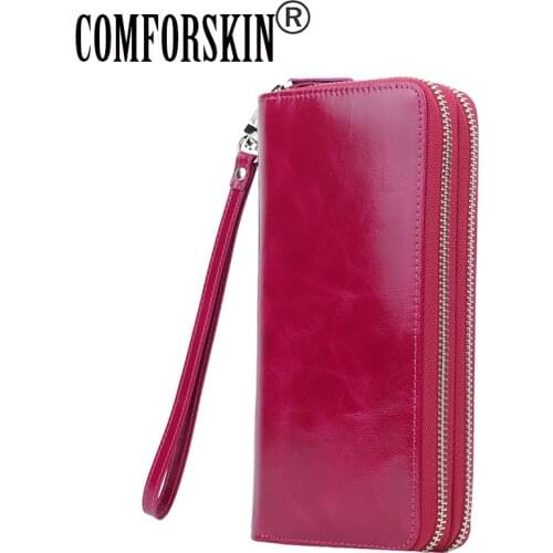 COMFORSKIN Brand Genuine Oil Wax Leather Double Compartment Womens Purse Female European And American Wallets Carteras Mujer