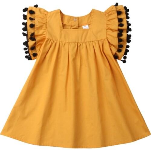 Citgeett Summer Baby Kids Girls Dresses Fashion Flare Sleeve Yellow Pom Sweet Cotton Dress Children Clothing