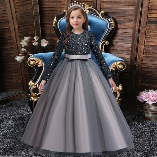 2021 new childrens dress bow princess skirt length lace girls' performance dress baby girl long sleeve dress performance childr