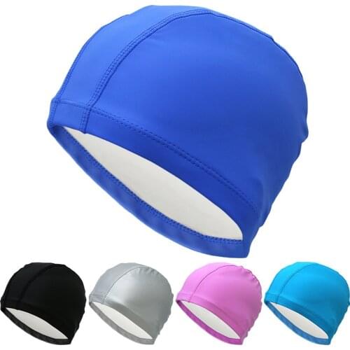 Elastic waterproof PU fabric solid color swimming cap to protect ears long hair sports swimming pool cap unisex