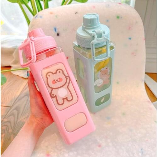 Kawaii Bear Water Bottle With Straw Sport Plastic Portable Square Drinking Bottle For Girl Cute Juice Tea Water Cups