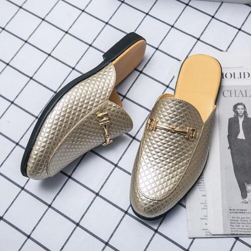Luxury Brand Gold Men Slipper Mules Buckle Loafers Mens Leather Designer Shoes Flat Heel Party Slippers Slip On Chaussure Homme