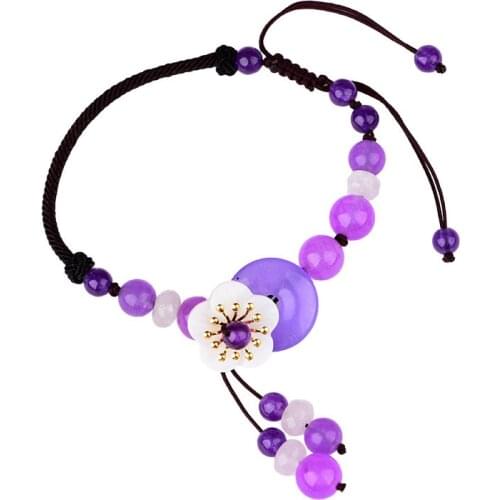 Jade Stone Jadeite Emerald Flower Anklets Charm Jewellery Fashion Accessories Chinese Carved Amulet Gifts for Women Men Purple