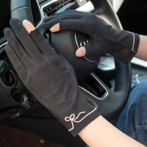 Spring Summer Cotton Leak Finger Fashion Breathable Non-Slip Sunscreen Touch Screen Elasticity Embroidery Drive Cycling Gloves