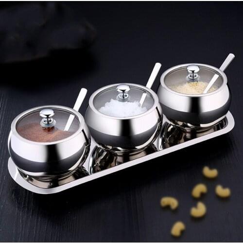 Kitchen Stainless Steel Sugar Bowl With Lid And Spoon Portable Sugar Box Container Cooking Seasoning Jar Storage Bottle WY72009
