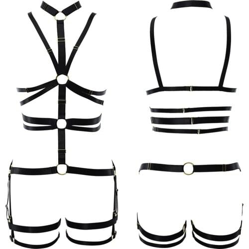Women Punk Harness Bodysuit Goth Hollow Crop Top Bra Pole Dance Bondage Stockings Garter Black Sexy Lingerie Body Harness Cage