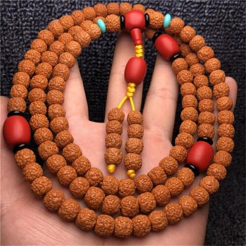 Dropship 108 Natural Dragon Scale Rudraksha Bracelet 5-petal Bucket Bead Bodhi Seed 7*9mm Original Cinnabar 108 Mala Prayer2020