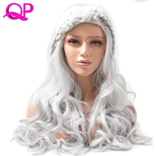QP hair medium long Braid Synthetic Wigs for Women Sliver color 20 inch body wave Cosplay wig