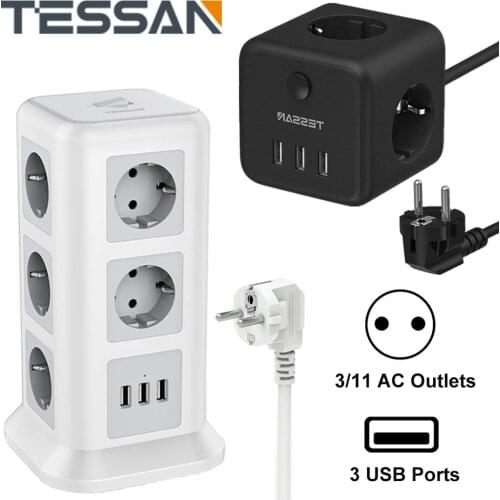TESSAN 9-Way Socket Strip (2500W / 10A) with 2M Cable and 3 USB Ports charger, Multiple Sockets Overload Protection Power Tower