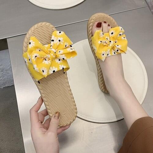 2021 Summer Fashion Sandals Shoes Women Bow Summer Flip-flops Footwear Flat Beach Slipper Female Slip On Peep Toe Casual Sandals