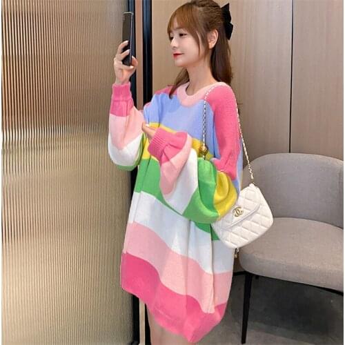 Autumn Winter Women Loose Rainbow Sweater O-Neck Batwing Sweater Pullover Japan Style Jumper Woman Coat knit sweaters Korean Top