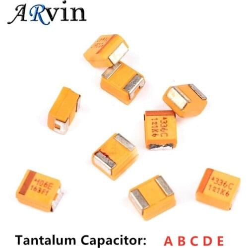 10pcs SMD Tantalum Capacitor A B C D E 476 106 6.3V 10V 16V 25V 35V 0.22/1/2.2/4.7/6.8/10/22/33/47/68/100/150/220/330/470uf