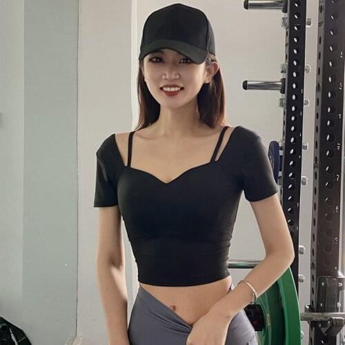Yoga Crop Top Women Sport T-Shirts With Pads Gym Workout Short Sleeve Shirt Sportswear Nylon Stretchy Tights Fitness Tops S-XL