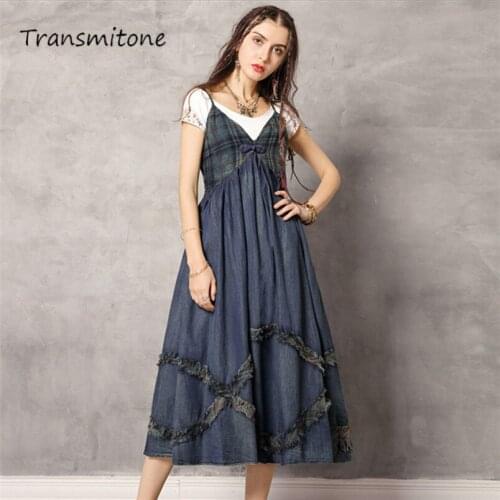 Spring Denim Women‘s’ Dress 2020 Vintage Patchwork Plaid Dress Spaghetti Strap Dresses A-line Female Vestidos Femininas 82119