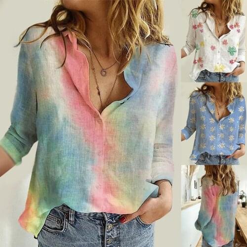 S-3XL 2021 Womens Fashion Casual Knot Floral Long sleeve V-Neck Shirt Blouse Tops dames blouse Skin-friendly cotton and linen F4