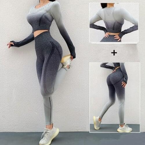 2pcs Seamless Yoga Sets Sport Wear For Women Gym Clothes Fitness Sport Suit Long Sleeve Crop Top Mesh Leggings Workout Tracksuit
