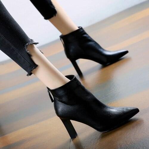 Short Boots Womens High Heel Martin Boots 2020 New Simple Thick Heel Commuter Pointed Back Zipper Thick Heel Cotton Boots Women