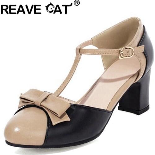 REAVE CAT New 2021 Women Pumps Round Toe 6.5cm Block Heels Patchwork Bowtie Stylish Buckle Big Size 34-42 Casual Date A3886