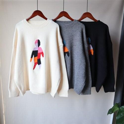 Women Sweater Black Print Knitted Sweater Wool O-Neck Long Sleeve Casual Pullover Gray White Sweater Kawaii Pull Femme 2020