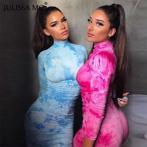 JULISSA MO Tie Dye Print Sexy Bodycon Dress Women Turtleneck Long Sleeve Maxi Dresses 2020 Summer Streetwear Skinny Vestidos