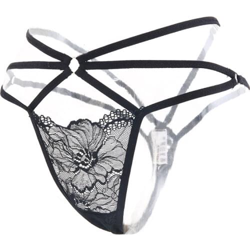 Womens Low Waist Sexy Underwear Ribbon Transparent Mesh T-Shaped Pants Womens T-Shaped Pants Hollow Lace Underwear