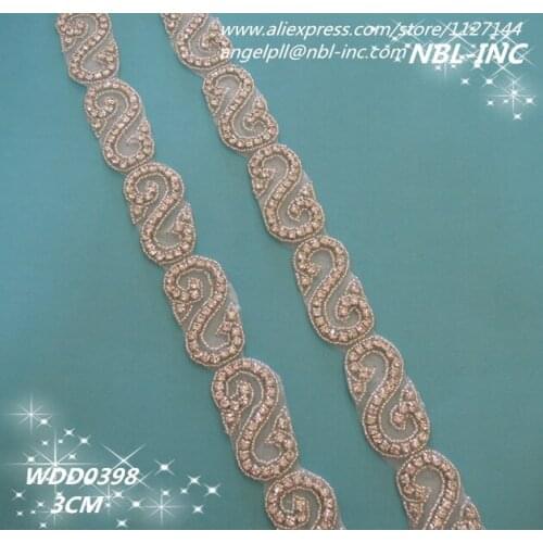 10 YARDS) Wholesale iron on bridal applique silver clear beaded rhinestone trim for wedding dress garment sash WDD0398