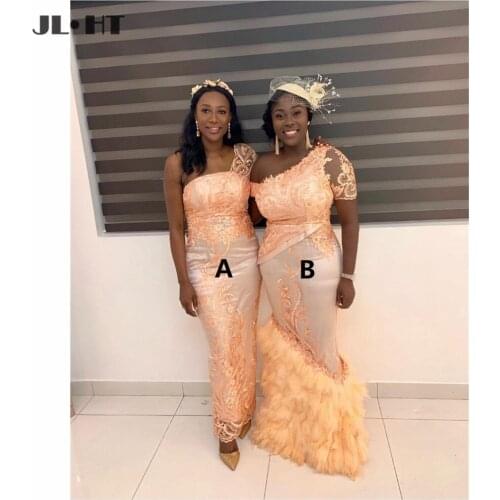 2021 Mermaid Black Women Wedding Party Gown AB Appliques Lace One Shoulder African Bridesmaid Dresses Long Bridesmaid Gowns