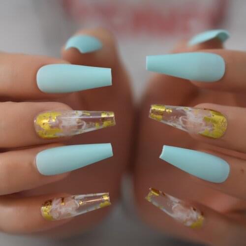 30pcs Pastel Blue Matte Press On Nails Extremely Long Multi Designs Gold Foil Pattern Fake Nail Set False Nail Art