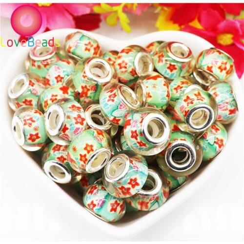 50pcs Assorted Color Flower Silver Plated Core 5mm Big Hole Round Plastic Resin Bead Charm Fit Pandora Bracelet European Jewelry