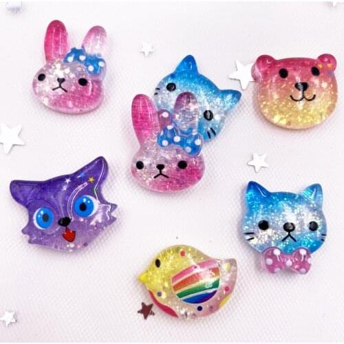 Glitter Resin Kawaii Colorful Crystal Cat Rabbit Bird Bear Flatback Cabochon Scrapbook DIY Anime Accessories Figurine Decor OH09