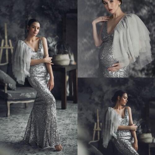 Sparkly Sequined Maternity Dresses Ruffles Maternity Gown for Photoshoot Boudoir Lingerie Robe Bathrobe Nightwear Babydoll