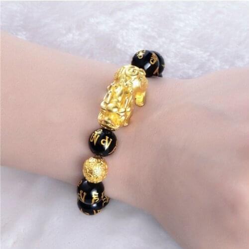 Feng Shui Obsidian Stone Beads Bracelet Men Women Unisex Wristband Gold Black Pixiu Wealth and Good Luck Women Bracelet