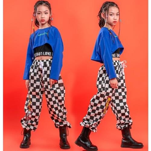 Girl Hip Hop Clothing Blue Crop Top Long Sleeve Shirt Checkered Streetwear Plaid Pants for Kid Jazz Dance Costume Clothes