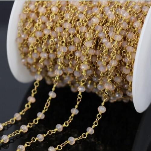 DIY 5Meter Light Pink Rhodium Plated Wire Wrapped Chain,Pink Faceted Glass Bead Rosary Chain,Women Necklace Jewelry Findings