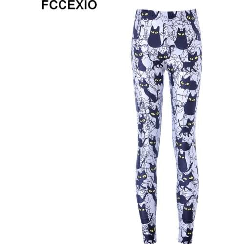 FCCEXIO Black Cartoon Cat 3D Print Sexy Leggings Plus Size Fitness Leggins Workout Female Summer Women Seamless Pants
