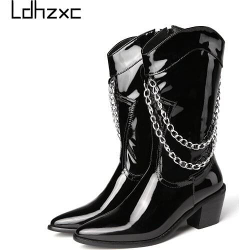 LDHZXC 2020 Hot Sale Lacing Mid Calf Boots Women winter Fashion high heels Heels Woman Mortorcycle Boot snow Plus Size 34-46