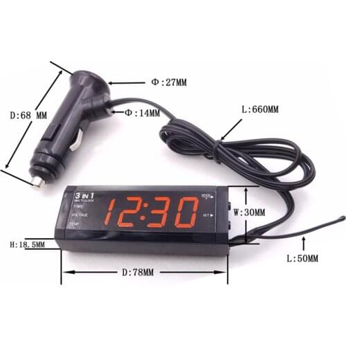 Hot Digital Auto Thermometer Car Voltmeter Voltage Meter Tester Monitor LCD Display Clock 12V / 24V Car 3 in 1