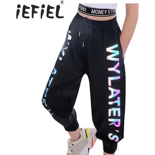Fashion Girls Shiny Letters Printed Pants Summer High Waist Kids Sports Trousers Teenage Girls Hip Hop Dance Pants Streetwear